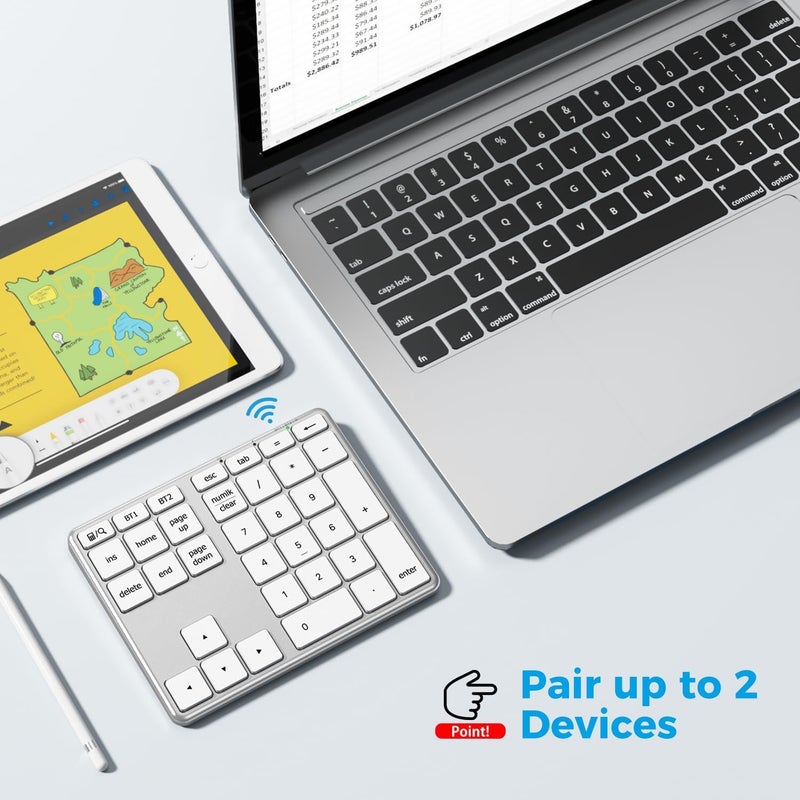 iClever KP10 Bluetooth Number Pad, Dual Device Connection, 34 Keys Ultra-Slim for Mac/Windows/iPad, USB-C Rechargeable, Quiet Keys, Excel Accounting Numpad with Long Battery Life - Image 2